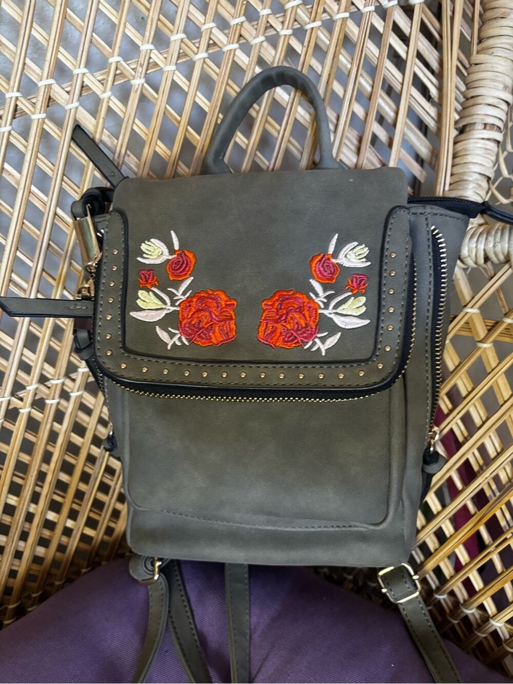 Olive Green Mini Backpack Purse with Red Rose Flower Embroidered Details